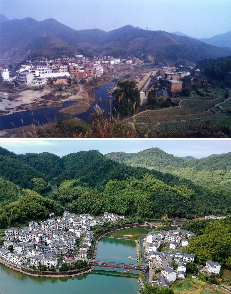 圖為浙江省杭州市淳安縣楓樹(shù)嶺鎮(zhèn)下姜村拼版圖，其中上圖為資料照片、下圖由新華社記者張鋮攝。